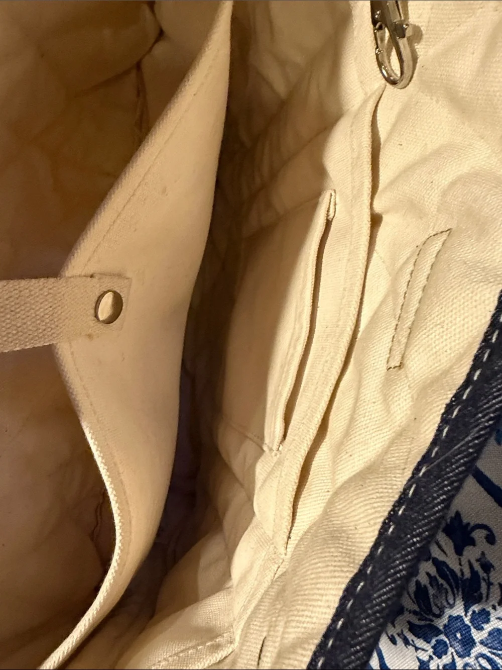 Lands' End Navy Quilted Messenger Tote with Cream Handles